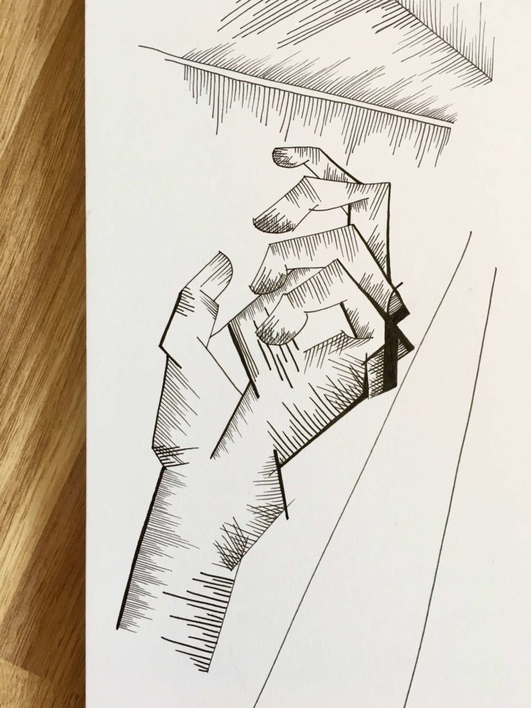 Black and white ink drawing of hand
