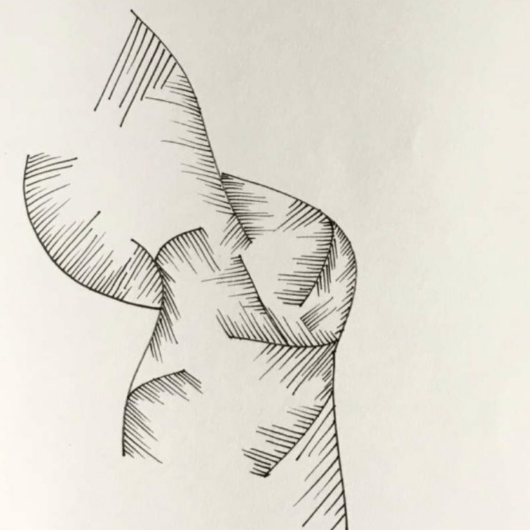 Black and white ink drawing of knee square